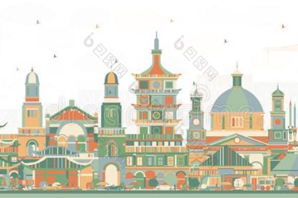 三宝垄印尼城市地平线和颜色建筑物