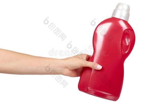 手和红色的洗涤剂瓶子,液体洗涤肥皂为纺织品
