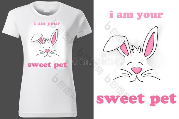 女人白色的英语字母表的第20个字母-衬衫设计和<strong>兔子</strong>和题词
