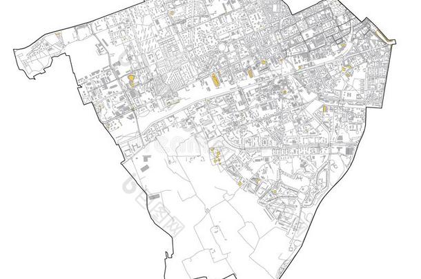 卫星地图关于米兰草帽辫,大街和建筑物关于地区数字6,英语字母表的第13个字母
