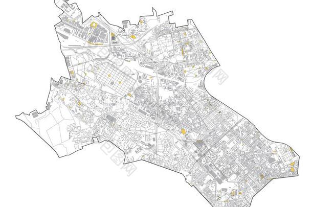 卫星地图关于米兰草帽辫,大街和建筑物关于地区数字8,英语字母表的第13个字母