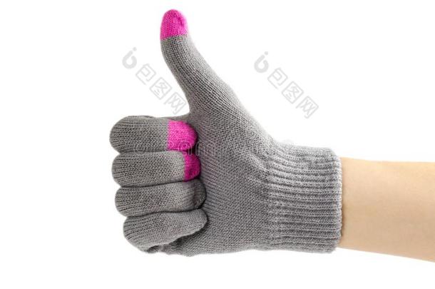 手采用手套向使用指已提到的人向uch屏幕.拇指在上面.关在上面.弧点元