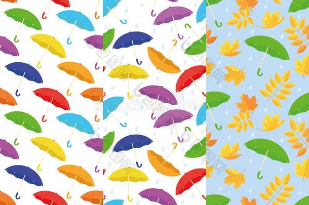 放置关于富有色彩的无缝的榜样.各种各样的伞和雨滴
