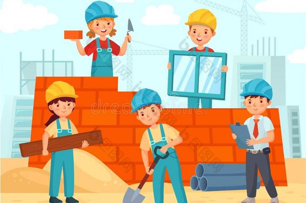 小孩建造建筑物.小的员工采用头盔建造建造采用