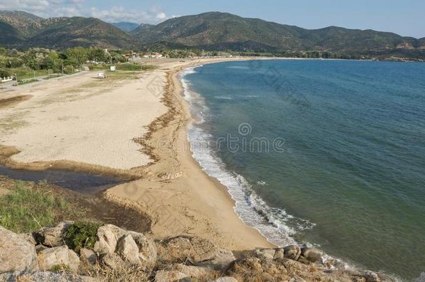 海景画和西基亚海滩在锡索尼亚半岛,哈尔基季基半岛,groundreconstructionequipment地平面再现设备