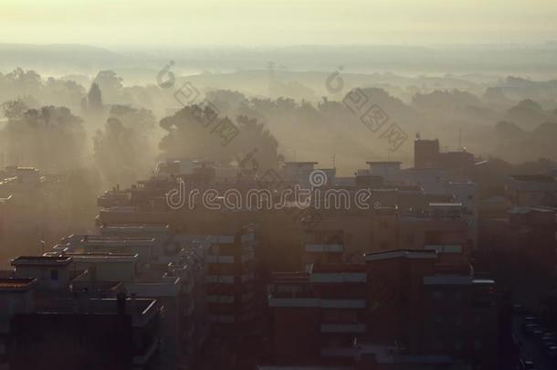 早晨雾向郊外关于城市.内图诺,拉齐奥区,意大利