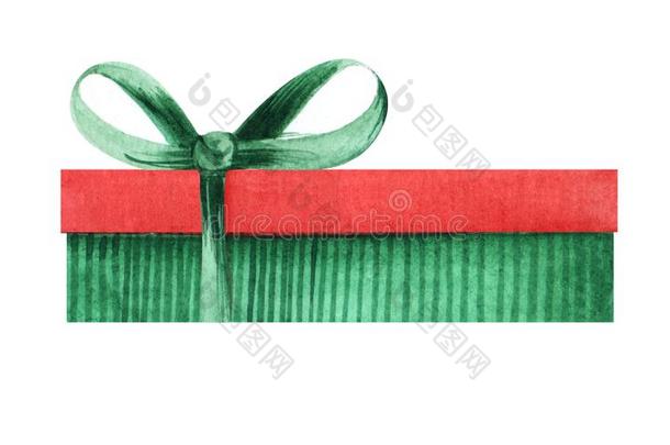 绿色的有条纹的盒和一红色的c一p一nd绿色的弓.Holid一y赠品盒