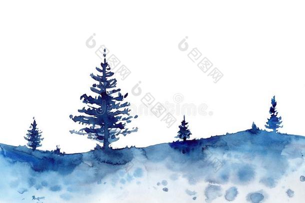 水彩冬设计森林和蓝色圣诞节雪后台