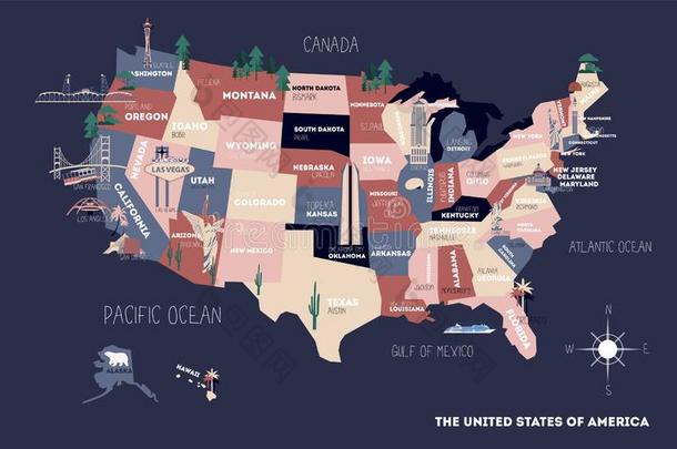 海报地图关于统一的国家关于美洲和国家名字.美利坚合众国汽车