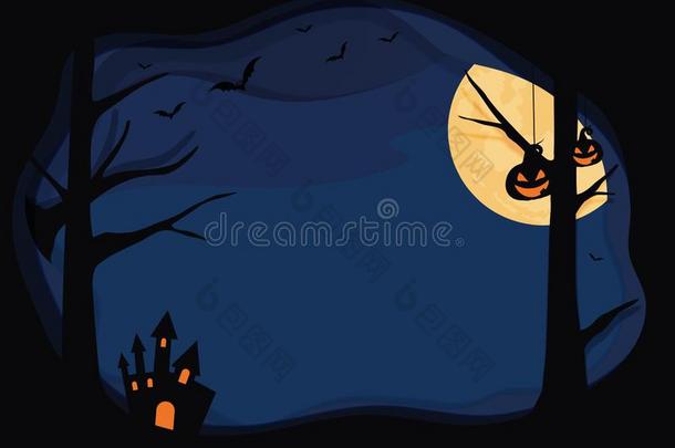 万圣节前夕蓝色背景和层边,蝙蝠,南瓜,月亮
