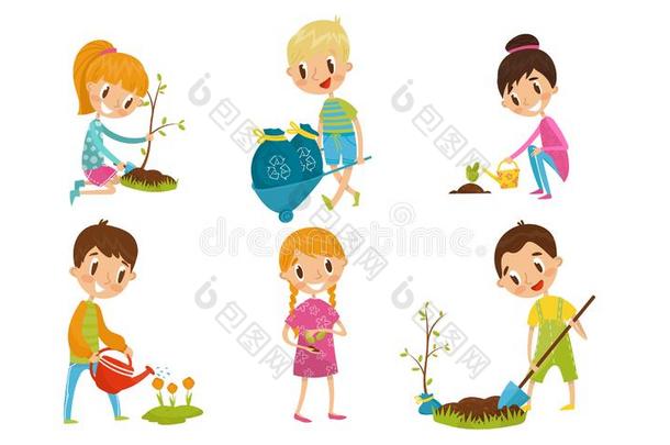 少年男女在使工作关于花园种植和树和花vect
