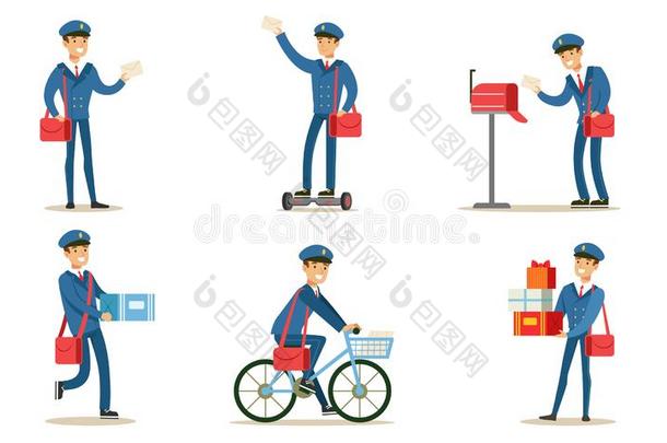 邮递员或邮递员递送邮件和包装放置Vect或illustrate举例说明