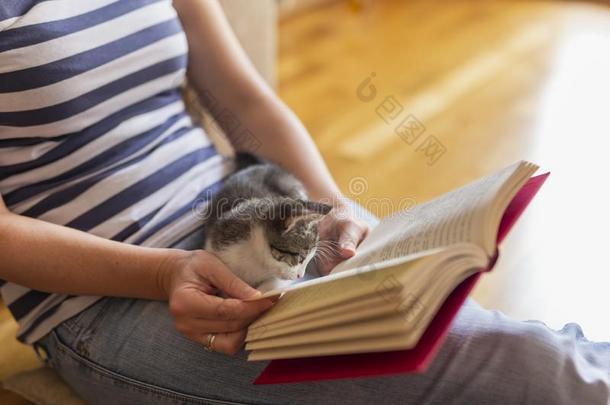 女人和小猫阅读一书