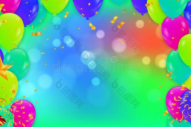 节日的背景和绿色的气球和气球许多颜色,