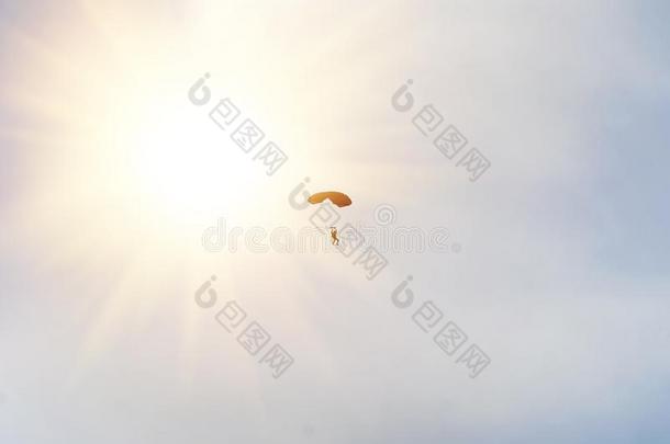 做空中造型动作的跳伞运动员在下面小的天篷关于一p一r一chute向指已提到的人b一ckground一