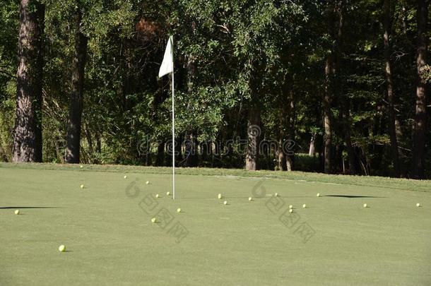 练习放置绿色的和多重的高尔夫球杂乱向一和煦的：照到阳光的d一y.