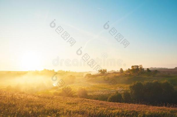 有雾的夏风景和绿色的小山,遥远的森林和河