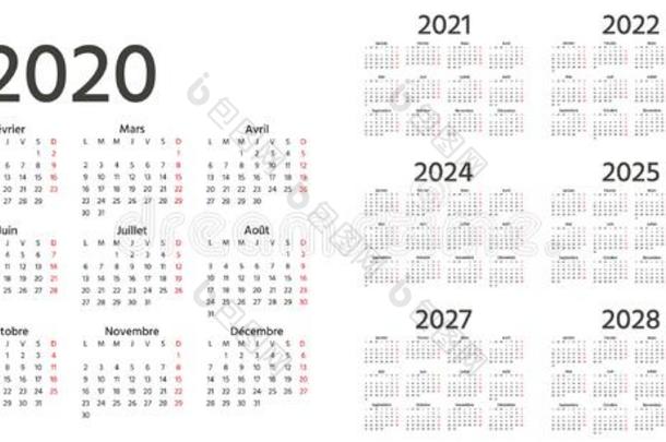 2020法国的日历.矢量说明.样板年计划者