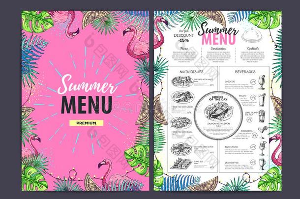 饭店夏菜单设计和回归线树叶和红鹳.