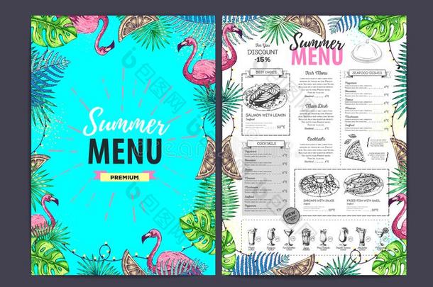 饭店夏菜单设计和回归线树叶和红鹳.