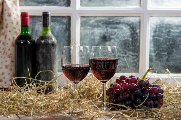 作品和两个酒杯,葡萄和瓶子关于红色的葡萄酒