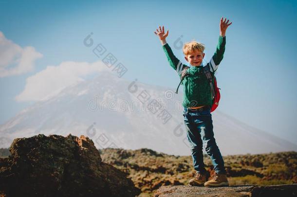 幸福的小的男孩徒步旅行采用mounta采用s,家庭旅行