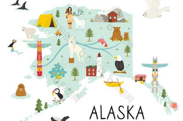 美国阿拉斯加州有插画的报章杂志地图和动物和象征