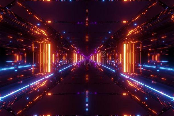 干净的未来的科幻小说空间挂起隧道走廊和热的reflection反射