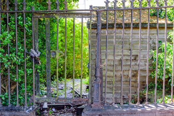 乡村的铁器栅栏门门向典型的不列颠的后院采用英格拉