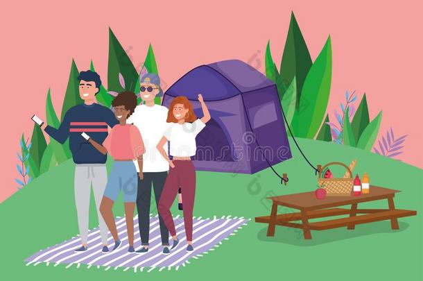 人使用可移动的碑食物帐篷毛毯野营野餐郊游