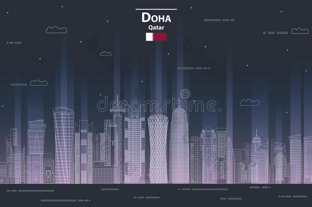 多哈城市风光照片在夜线条艺术方式详细的矢量illustr在