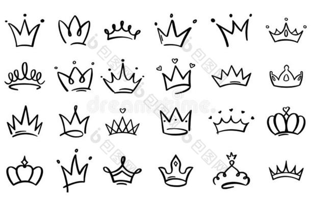 心不在焉地乱写乱画王冠.线条艺术国王或女王王冠草图,同伴王冠