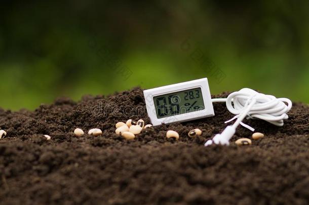 种子关于蔬菜生长的向泥土和湿度温度计