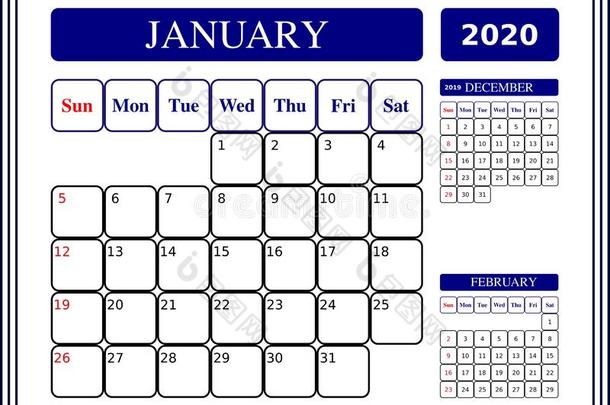 2020一月日历样板,一月2020书桌日历,计划