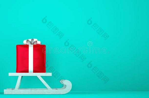 红色的赠品包装向圣诞节<strong>雪</strong>橇和<strong>青色</strong>背景