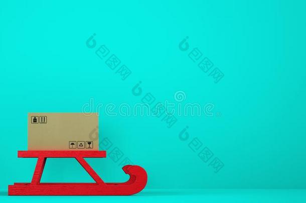 卡纸板盒向红色的圣诞节<strong>雪</strong>橇和<strong>青色</strong>背景