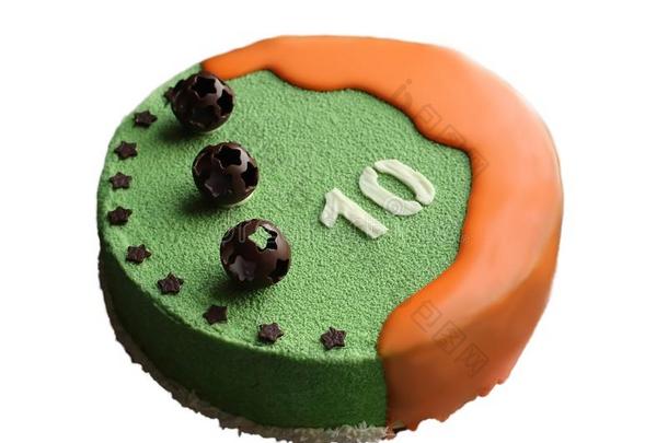 桔子和绿色的圆形的蛋糕和巧克力<strong>足球装饰</strong>