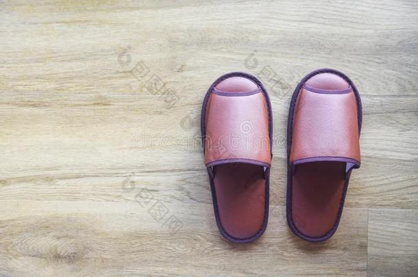 棕色的拖鞋向指已提到的人木制的地面/家拖鞋