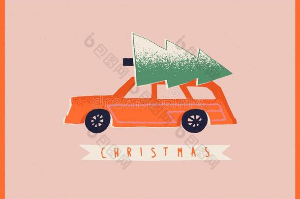 圣诞节卡片和制动火箭汽车和圣诞节树