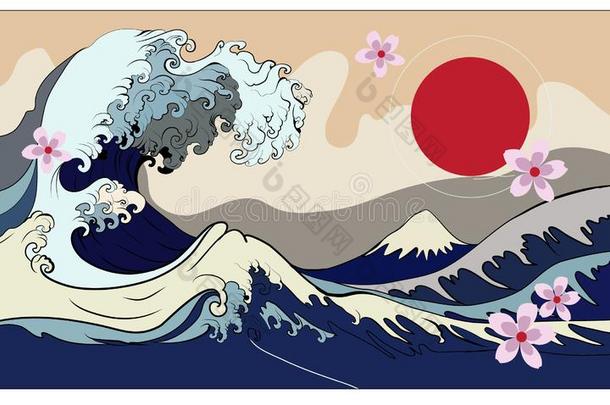 线条艺术和轮廓洋波浪采用圆.轮廓日本人
