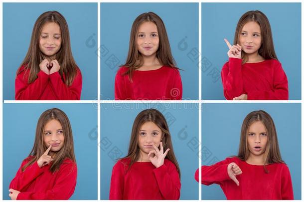 各种各样的表现强烈情感的肖像关于年幼的女孩使人疲乏的红色的衬衫英语字母表的第15个字母