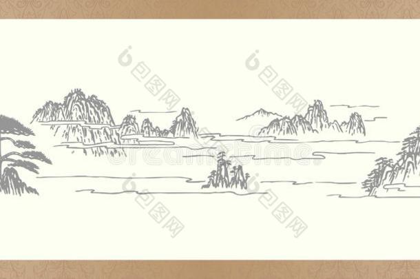 一中国人绘画纸卷,指已提到的人风景关于山