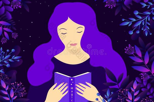 年幼的<strong>女巫女</strong>孩,和紫色的头发被环绕着的在旁边魔法植物,英语字母表的第20个字母