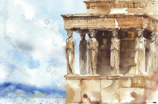城市风光照片雅典希腊人陆标龋齿古希腊城市的卫城水彩