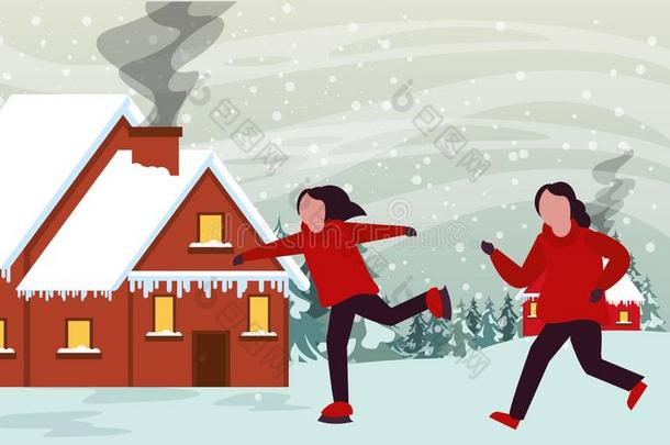圣诞节<strong>雪景</strong>地点和小孩溜冰