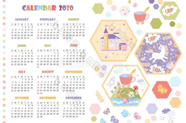 漂亮的日历为2020年和独角兽,魔法城堡和仙女