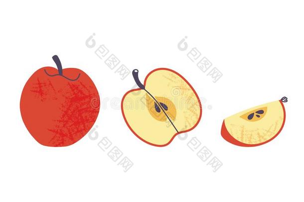 手绘红色的苹果放置,全部的和将切开块.