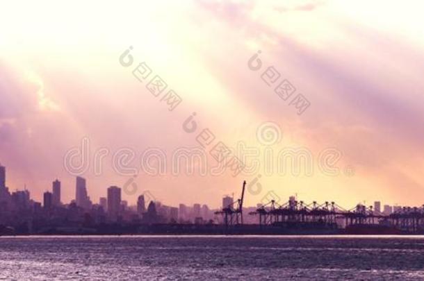 大大地全景的看法关于贝鲁特城市天际线采用紫色的光