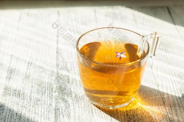 杯子关于药草的茶水向木制的背景.玻璃杯子.微量关于孙丽