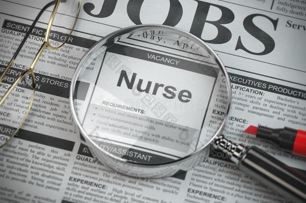 护士空缺采用指已提到的人广告关于工作搜寻报纸和小型放大镜